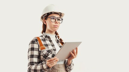 Mujer joven ingeniero con casco de obra, con tablet en la mano, fondo blanco
