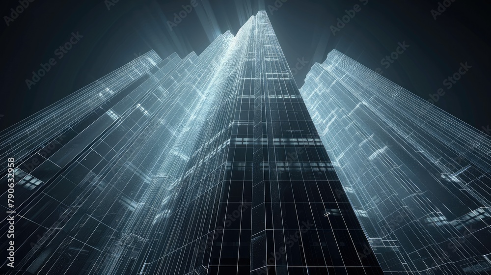 Fototapete line-based visualization, glowing skyscraper, on translucent background. generative ai.