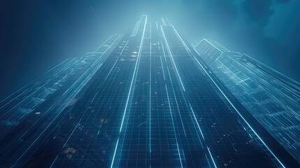 Line-based visualization, glowing skyscraper, on translucent background. Generative AI.