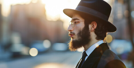 portrait of a young jewish man with beard and hat, free copy space for text