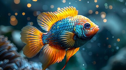 Vibrant tropical fish showcasing stunning yellow, blue, and orange colors - obrazy, fototapety, plakaty