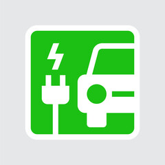Electric car with plug icon, EV car hybrid vehicles charging point square sign, Eco friendly vehicle concept, Vector illustration