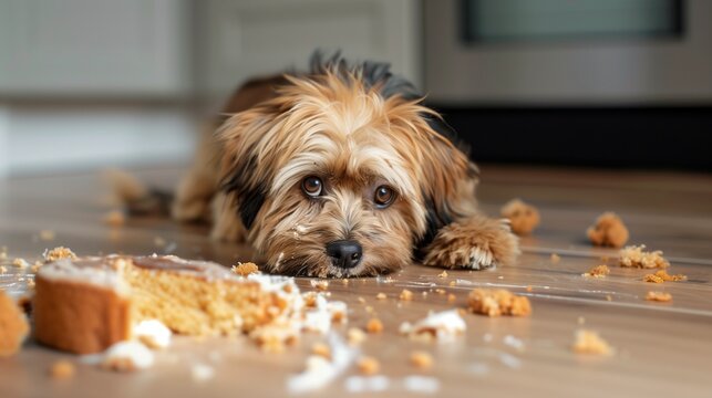 AI generated illustration of a mischievous dog looks guiltily at the camera after causing chaos
