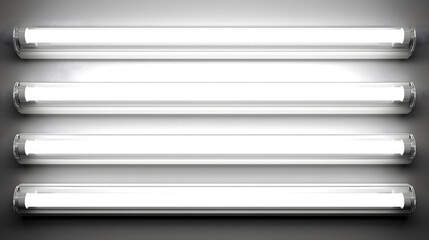 A series of linear fluorescent lights casts a bright, even glow, mounted on a sleek metallic surface, reflecting a modern and minimalist industrial design.