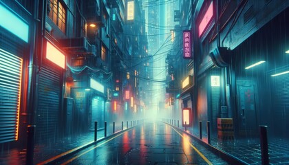 Cyberpunk streets illustration, futuristic city, dystoptic artwork at night Rain foggy, moody empty future world wallpaper