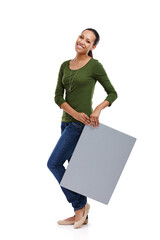 Woman, smile and board for marketing, advertising and presentation of information for sign and isolated. Young person, portrait and stand with poster for brand, logo or service on white background