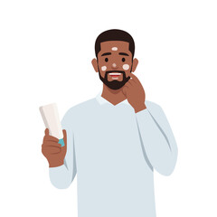 Young black man Skincare routine concept. Man applying face cream. Flat vector illustration isolated on white background