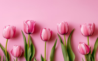 Fototapeta premium Pink tulips on pink background. Top view. Copy space for text.