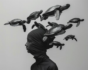 Contemporary fashion image, woman in minimalist style, surreal turtles floating, gray background