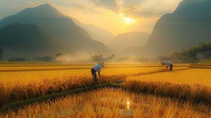 A bountiful rice harvest, with workers wading amidst golden fields, the sun casting a warm light over the scene, and the distant mountains. Generative AI. - obrazy, fototapety, plakaty