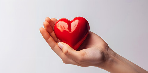Obraz premium Woman's hands holding heart on white background. Health care, donate and family insurance concept, world health day