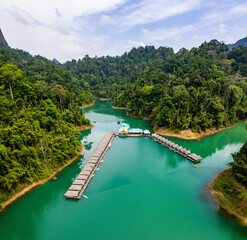 Floating bungalow on the Cheow lan Lake in Khao Sok National Park in Surat Thani, Thailand