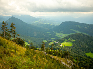 View from the top of the Gaisberg mountain to the valley, surrounding mountains and the city of...