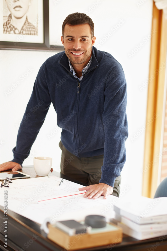 Poster man, portrait and architect with plan for project in office, documents and drawing on blueprint. hap