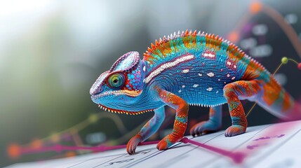 A colorful chameleon climbing up a graph that illustrates an exponential rate of change curve, the graph curves slowly on the left and then increasingly changes into a vertical line. Generative AI. - obrazy, fototapety, plakaty
