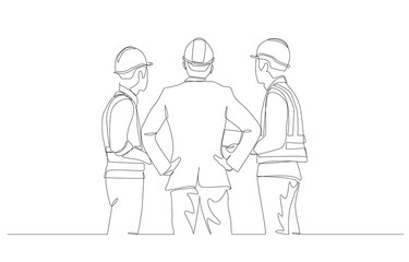 Continuous one line drawing of construction project manager talking with two construction foremen, construction project progress concept, single line art.