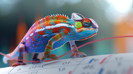 A colorful chameleon climbing up a graph that illustrates an exponential rate of change curve, the graph curves slowly on the left and then increasingly changes into a vertical line. Generative AI.