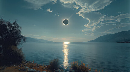 A solar eclipse over a scenic lake view. Generative AI.