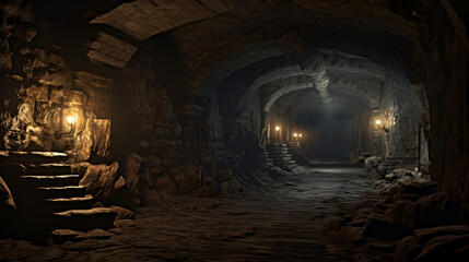 A dark tunnel with a light on the top old brick and stone wall destroyed and wonder place
 - obrazy, fototapety, plakaty