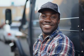 Smiling Middle-Aged Caucasian Trucker Posing by His Truck in the USA.. Beautiful simple AI generated image in 4K, unique. - obrazy, fototapety, plakaty