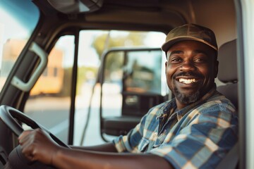 Happy Black Professional Driver Exiting Truck and Looking at Camera - Generative AI.. Beautiful simple AI generated image in 4K, unique. - obrazy, fototapety, plakaty