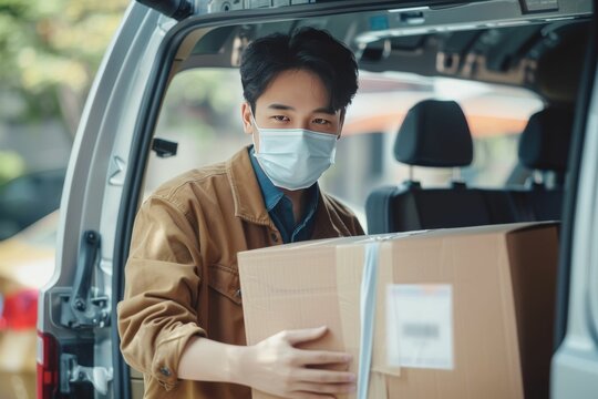 A courier in a red uniform sitting in a car holds out a package, close-up. Delivery of cargo, distribution, representative. Beautiful simple AI generated image in 4K, unique.