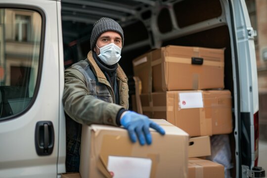 A courier in a red uniform sitting in a car holds out a package, close-up. Delivery of cargo, distribution, representative. Beautiful simple AI generated image in 4K, unique.