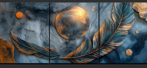 panel wall art, marble background with feather , wall decoration