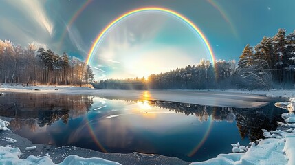Obraz premium In the sky, an arch of rainbow is across the lake surface, with ice and snow on both sides, surrounded by forest. Generative AI.