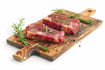 Raw steaks seasoned with herbs on a wooden board