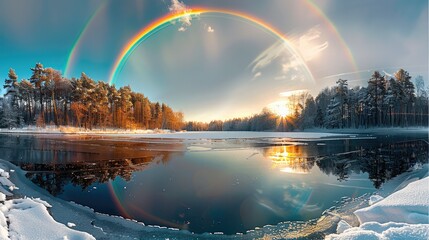 Obraz premium In the sky, an arch of rainbow is across the lake surface, with ice and snow on both sides, surrounded by forest. Generative AI.