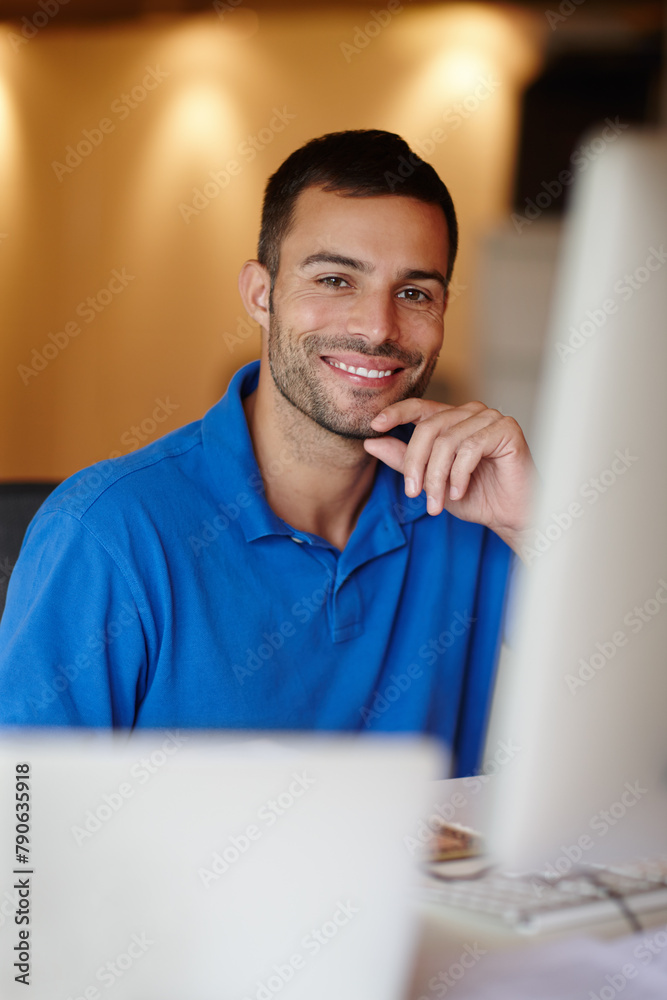 Poster Businessman, desk and smile in portrait with computer in office with confidence for graphic designer. Male person, table and happy with computer for technology with creative, internet and web design