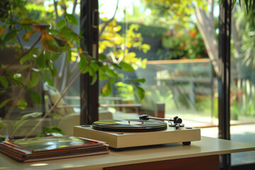 A closeup shot of the turntable on an elegant white bench, with vinyl records and books nearby, set in front of floor-to-ceiling windows that reveal a tranquil garden outside. - obrazy, fototapety, plakaty
