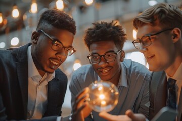 Young businessmen brainstorming ideas, inspired by glowing light bulb in modern office.