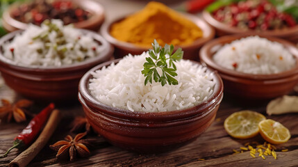 Assorted Indian recipes food various with spices and rice on wooden table, hyperrealistic food photography
