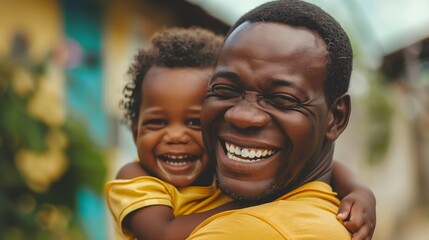 Happy black man hugging with his child. Family happiness concept