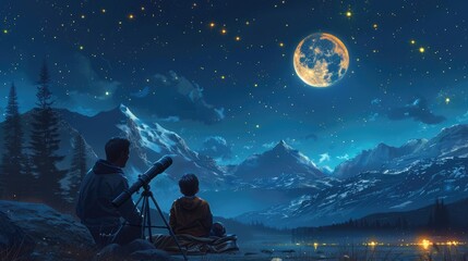 Fototapeta premium A father and son lying on a blanket at night in a remote area, looking up at a star-filled sky with a telescope by their side.