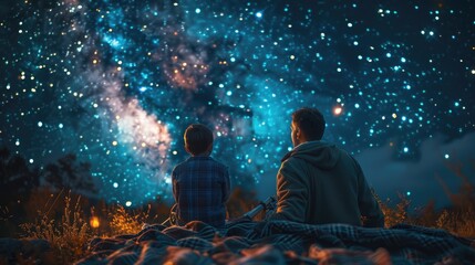 A father and son lying on a blanket at night in a remote area, looking up at a star-filled sky with a telescope by their side.
