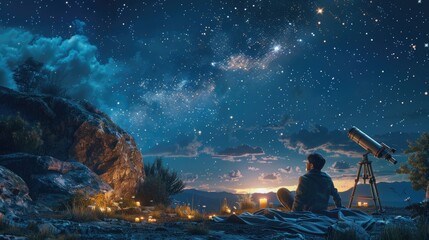a man lying on a blanket at night in a remote area, looking up at a star-filled sky with a telescope by their side.