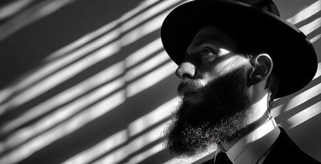 monochrome expression portrait of a young and sad jewish man with beard and hat, free copy space for text
