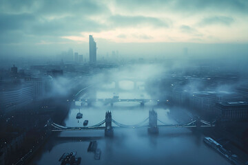 Atmospheric shot of foggy cityscapes. Aerial view.