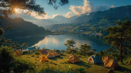 Hillside Camping Site Overlooking Lake at Sunrise
