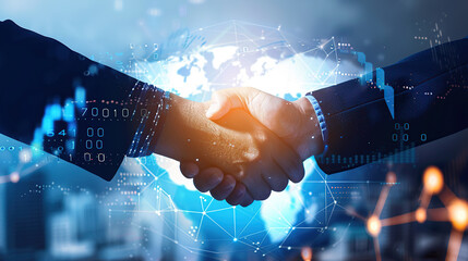 Businessmen handshake global stock market graph bar chart Digital innovative technology internet communication agreement partnership teamwork concept transformed