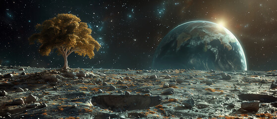 Moon surface with Christmas tree and huge gifts. Blue planet Earth visible in the distance. Christmas. Abstraction