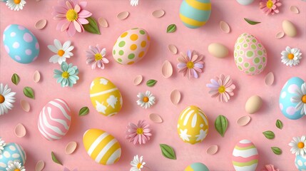 Fototapeta na wymiar Clay Easter Eggs Spring Flowers Background Seamless Pattern