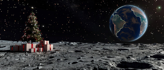 Moon surface with Christmas tree and huge gifts. Blue planet Earth visible in the distance....