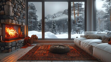 Cozy room with fireplace next to big window, Looking outside at the winter forest. Generative AI.