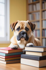 Smart dog laying head on a pile of books on an yellow background with space for text, education concept..