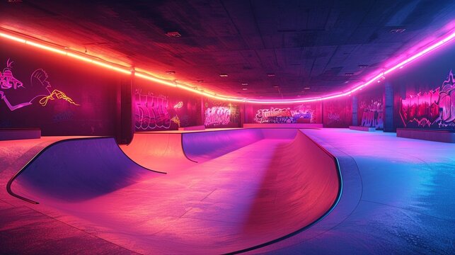 Futuristic skateboarding park, gravity defying ramps, neon boards, extreme sports evolution