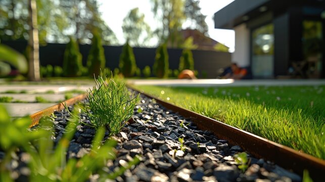 Close-up of vibrant green grass and metal edging with a blurred background of garden maintenance work
